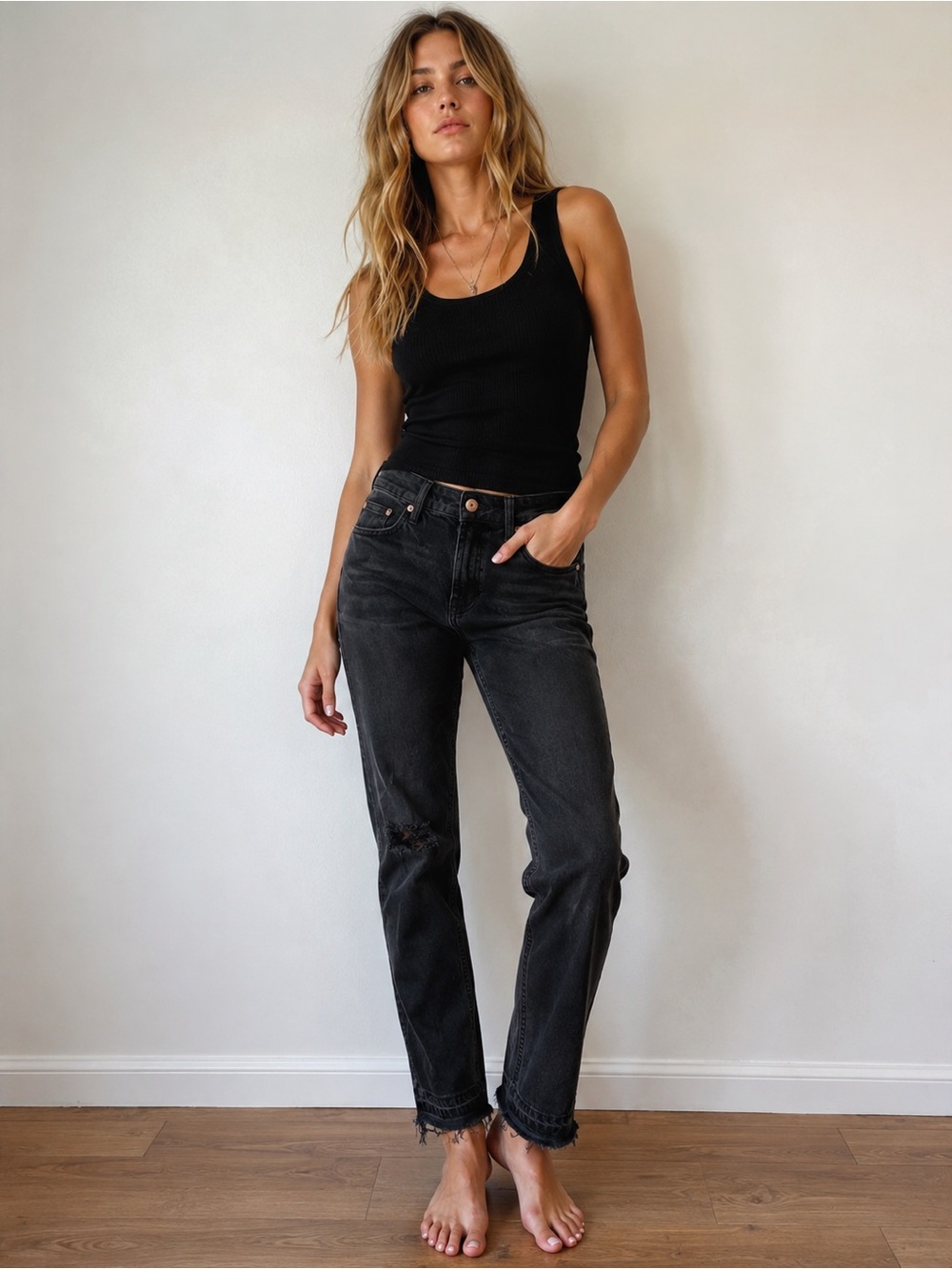 WE THE FREE Black Distressed Raw Hem Skinny Ankle Jeans Size 26